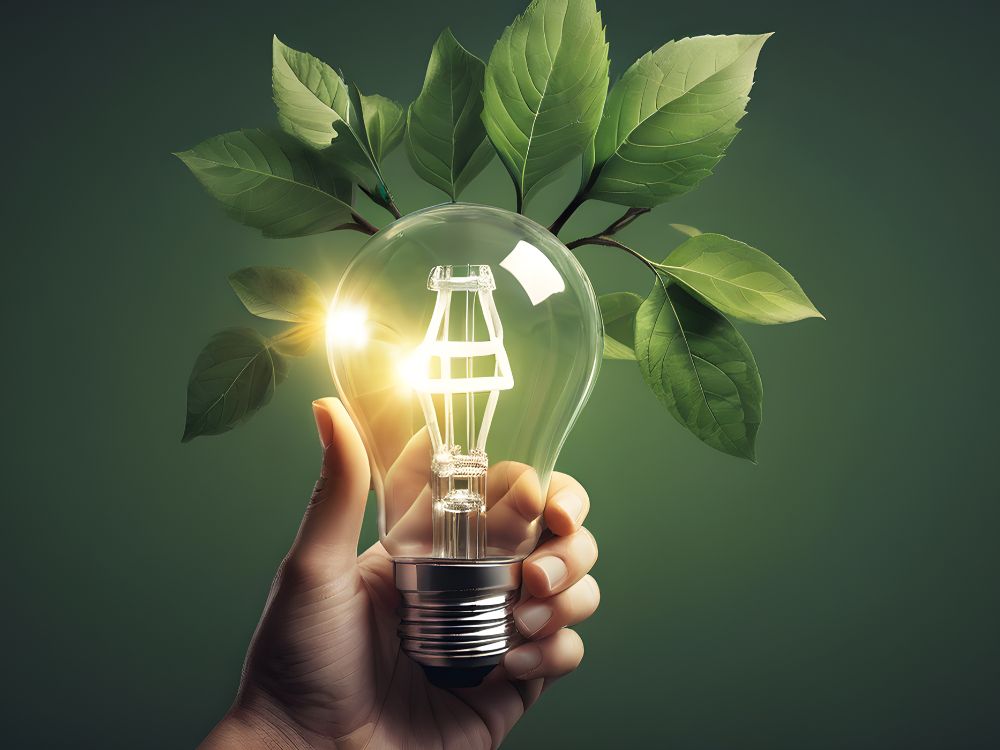 Mão segurando lâmpada acesa com folhas verdes ao fundo, representando economia de energia, sustentabilidade e eficiência no consumo elétrico.
